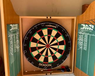 #149 Wood Dart Board in Wood Case w/doors w/darts, chalk, chalkboard - 19.5x25 $25.00