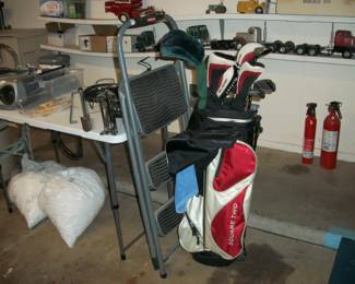 step stool, golf clubs