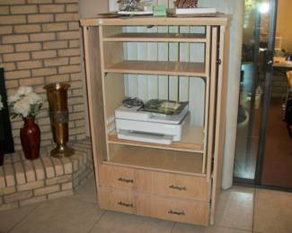 tv cabinet, vases, printer