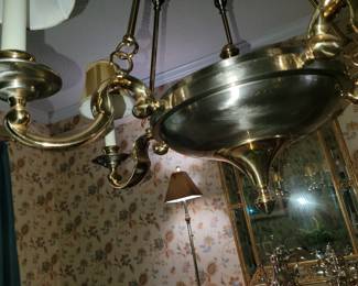 Mid century French polished steel & brass chandelier (must be professionally taken down)