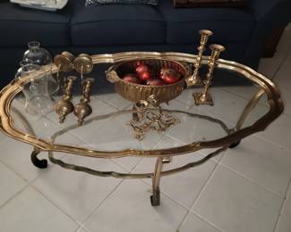 LaBarge brass and glass coffee table (some discoloration on feet from floor cleaners)