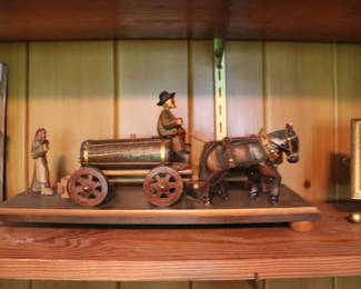 Black Forest Germany Wood Carved Beer Keg Cart w with Horse and Ox