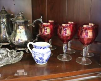  VINTAGE CRANBERRY PINK PANELED OPTIC IRIDESCENT WINE GLASSES   & Old English Staffordshire Ware Small Pitcher Jonroth England Blue & White