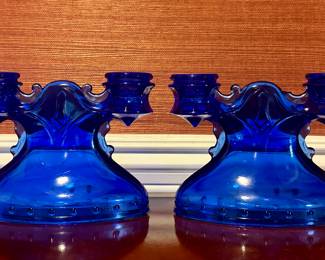 Vintage L.E. Smith Cobalt Blue Double Shield Candlesticks