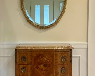 Small Sauteuse Transition Chest of Drawers, 1920s, Marble Top with Marquetry and Antique Gold Gilt Mirror