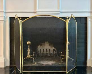 Folding Fireplace Screen & Brass Andirons