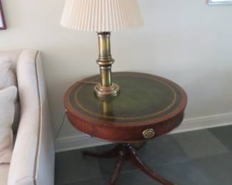 Nice Vintage Leather Top Side Table and Brass Lamp