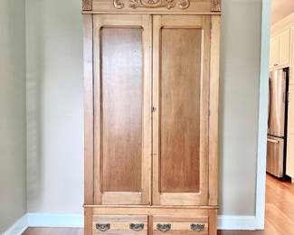 VINTAGE SOLID PINE BLEACHED LOOK ARMOIRE - WARDROBE - ART DECO CARVED DETAIL - DOVETAIL JOINTS
