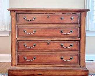 DISTRESSED WALNUT TWO DRAWER FILE CABINET WITH BUILT IN FILE HOLDERS