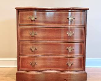 VINTAGE PAINTED TOP SERPENTINE CHEST OF DRAWERS NIGHTSTAND - BRASS PULLS - GOLD TRIM PAINT