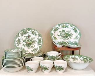 ENOCH WEDGWOOD (TUNSTALL) LTD. "KENT" PATTERN CHINA SET - GREEN FLORAL & BIRDS