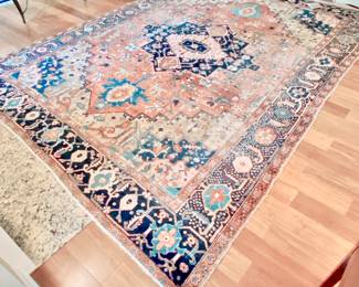 SERAPI STYLE AREA RUG - 8.5' X 12' - BLUE, NAVY, CORAL COLORS - MINIMAL FRINGE