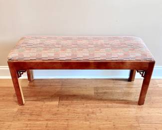 VINTAGE CENTURY CHAIR COMPANY UPHOLSTERED CARVED WOOD BENCH - ENTRY BENCH - PIANO BENCH