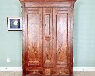 VINTAGE AMOIRE - WARDROBE - WALNUT FINISH - BRASS KEY OPEN AND BRASS PULLS