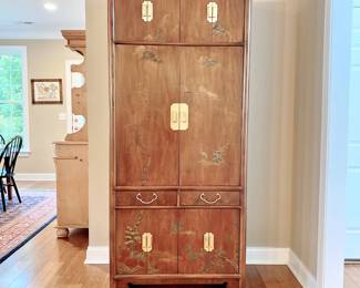 VINTAGE HAND PAINTED CHINOISERIE ARMOIRE - CHINA CABINET- MIRRORED INTERIOR - DOVETAIL JOINTS