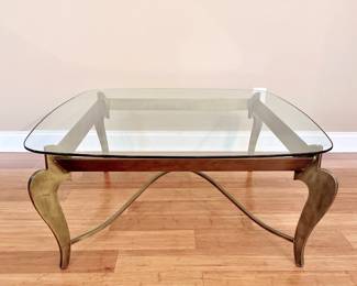 LARGE COFFEE TABLE - ROUNDED SQUARE GLASS TOP - GOLD METAL LEGS AND SUPPORTS