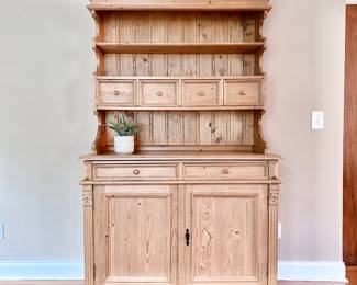 VINTAGE ENGLISH PINE STEP BACK HUTCH - SIX DRAWERS - CANNONBALL FEET - BLEACHED WOOD - DOVETAIL