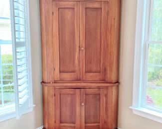 VINTAGE PINE CORNER CABINET - BLUE PAINTED INTERIOR - SIX SHELVES - CARVED TEARDROP TURN LATCH