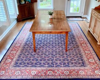 VINTAGE TURKISH HAND KNOTTED RUG - 9' X 12' - BLUE & CORAL PATTERN - HAND TIED FRINGE