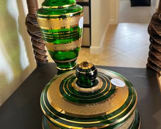 Emerald glass candy dish and vase