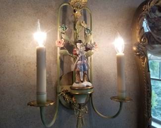 Metal & porcelain figurine wall sconce - gentleman