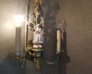 Metal & porcelain figurine wall sconce - lady