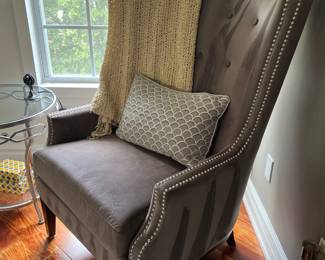 Home Goods accent chair light grey lavender undertones with riveting