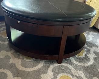 Brunswick brown wood and black leather top coffee table combo ottoman with pull out drawers