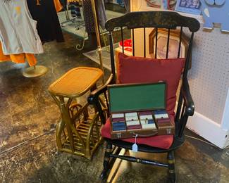 Antique Black Rocker, Vintage Poker Chips and Small Rattan Magazine Table