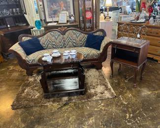 Antique Mahogany Trimmed Upholstered Sofa and Two Small Antique Tables
