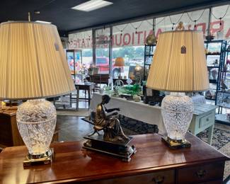 c.1950's Large Cut Crystal Lamps with Leaf Motif