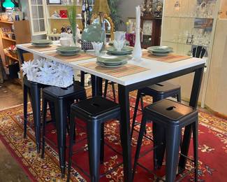 High Top Black and White Dining Table with 8 Metal Stools