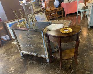 Mirrored Cabinet (cracked front, but could be repaired) and a Wooden Half Moon Shaped Table