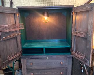 Found at Playing Hookey Antiques. Copper accent solid wood coffee Bar cabinet
Found at Playing Hookey Antiques