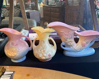 c.1940's HULL POTTERY: Magnolia Pitcher, Double Handled Magnolia, and a Double Cornucopia Pink and Blue Vase 
