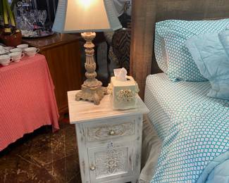 Small White Distressed Farmhouse Style Wooden Nightstand and Lamp