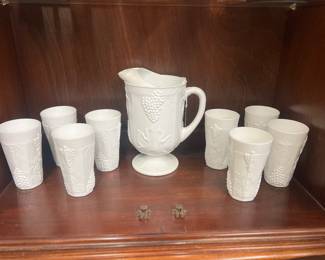 Found at Playing Hookey Antiques, 9 Piece Milk Glass pitcher and cup set
Indiana Glass
