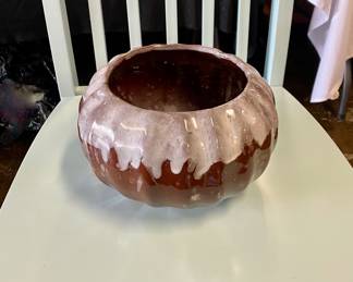 c.1960's, FRANK MORENO CERAMICS, California, USA, 9" x 6" Brown and White Dripped Glazed, Ribbed Art Vase, Signed "Moreno Ceramics USA"