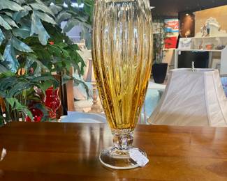 Large Vintage Graduated Amber Bubble Glass Vase with Pedestal Base