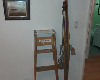 Wood ladder, vintage wood skis