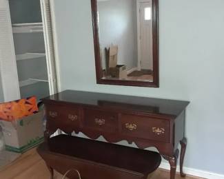 Cherry wood large wall mirror, sofa table/entry table. cherry wood dropped leaf coffee table, brass magazine holder