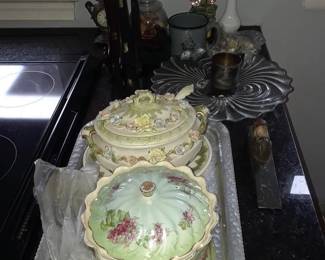 Vintage serving pieces, vintage serving metal tray