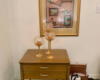 Mid-century table 
Candlesticks
Art
