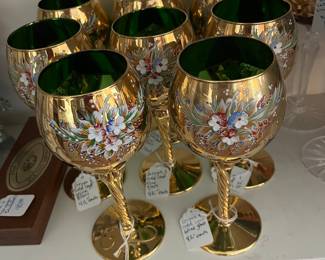 Gold embossed and hand painted wine goblets