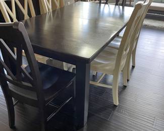 Dining table with 2 additional leaves and 6 chairs (4 ivory and 2 dark wenge)