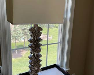 Pair available of burnished gold tall buffet or table lamps with square ivory shade