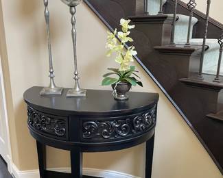 Curved demi-lune entryway table with 2 drawers, tall candle holders (pair) and faux orchid