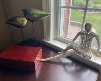 wood tea box, metal sculpture, metal birds