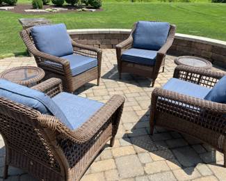 All season wicker armchairs with cushions (4 available) and side wicker tables (2 available)