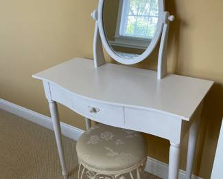 painted wood vanity desk with mirror and metal upholstered stool